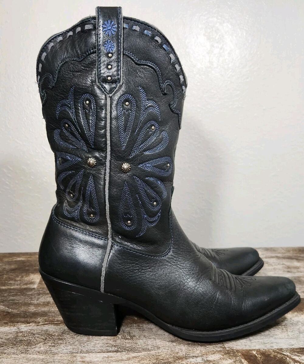 Ariat Women Boots 7 Black Stud Blue Embroidered Western Cowboy Cowgirl Country